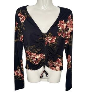 Dynamite | Black Floral Cinched Tie Drawstring Long Sleeve